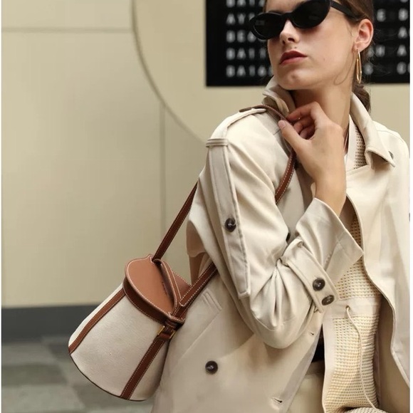 Canvas Leather Trim Bucket Bag Adjustable Shoulder‎ & Crossbody Bag Casual Bag - Picture 5 of 9